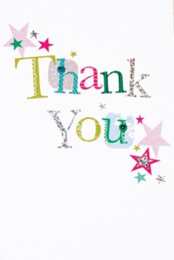 With an airy elegance and lively composition, this thank you card would feel right at home among the artful cafes and garden spaces of Covent Garden. The arrangement of letters is both whimsical and refined: certain shapes swirl with playful polka dots or delicate curves, others hum with understated silver shimmer. Each letter is a patchwork of fresh, vivid tones-turquoise, pink, spring green-giving the card a jubilant lift, reminiscent of a street market in bloom. Clusters of vibrant stars, some touched with glints of pink and turquoise stripes or silvery light, animate the message, as if scattering a layer of stardust along Henrietta Street. The white background provides crisp calm, ensuring each detail stands out with gentle sophistication. There's a balance here-neither too formal nor overly casual-making it the perfect companion to a carefully crafted thank you bouquet, whether given for a neighbourly gesture or a milestone celebrated in Covent Garden. The mood is universally warm, the sentiment unmistakably heartfelt-a visual note of gratitude as delightful as fresh peonies from a local florist.